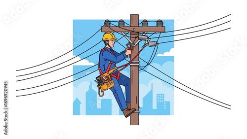 Power Grid Professional: An electrician, adorned in safety gear, skillfully works amidst a network of power lines atop a utility pole, with a backdrop of urban architecture.