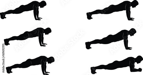 Silhouette illustration of men performing push-up and plank exercises, bodyweight workout positions, fitness core strength training poses for gym
