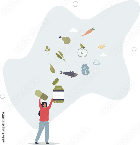 Dietary supplements as extracted food nutrients in pills Vitamins, minerals, fiber.life and employment of people.