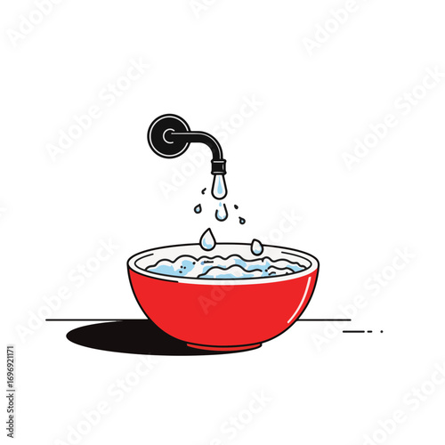 Red basin with soapy water outdoors, minimalist black and white style