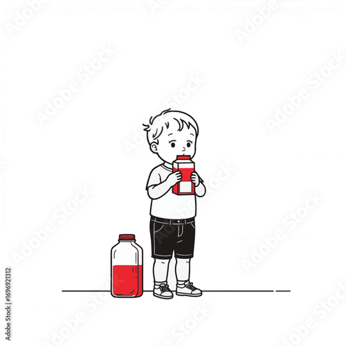 Toddler sipping juice box in minimalist style, playful innocence