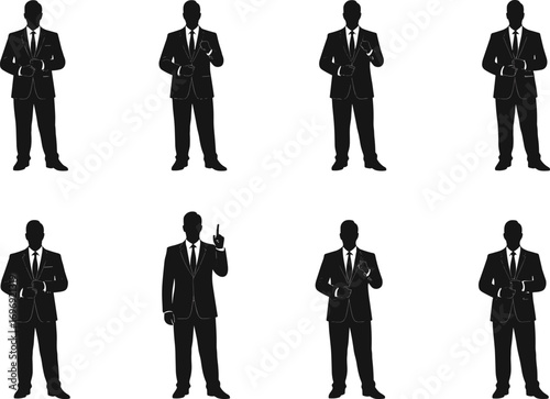 Silhouette of business men in suit giving presentation, pointing, talking, and making gestures during professional communication or corporate meeting.