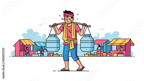 Man Carrying Water with Traditional Method: In a vibrant, stylized illustration, a determined individual navigates a bustling marketplace.