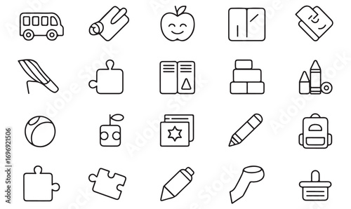 Collection of thin line icons for nursery school, child development, creative drawing, reading, and playground fun