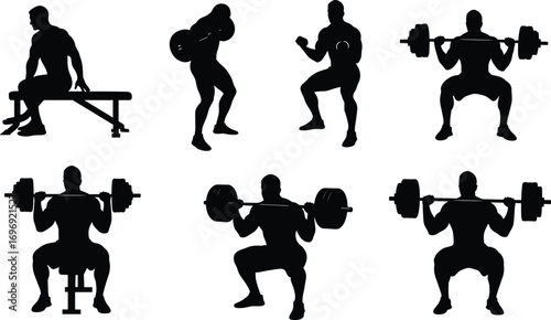 Silhouette Set of Bodybuilders Performing Weightlifting Exercises with Barbells and Squats in Gym Workout Training Poses Vector Illustration