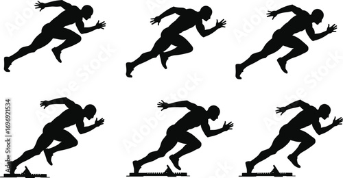Silhouette Sequence of Male Sprinter Starting from Blocks and Sprinting at Full Speed in Athletic Running Motion Vector Illustration