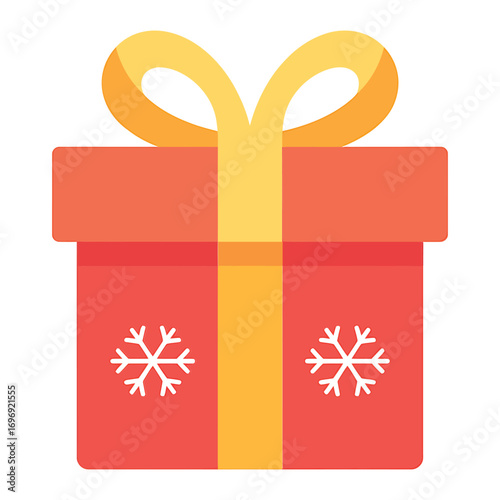 A festive red gift box adorned with delicate snowflake patterns and a cheerful orange ribbon, , perfect for winter holidays and celebrations