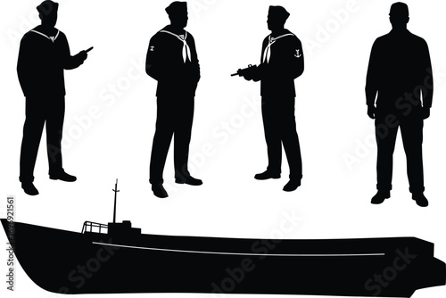 Silhouette vector illustration of navy sailors and military warship with various poses and uniforms for naval service and maritime operations.