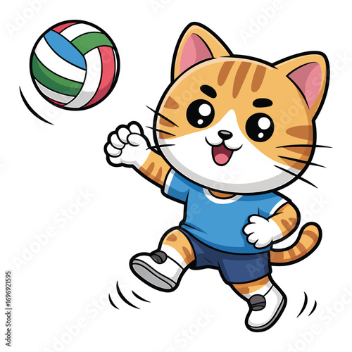 A playful cartoon cat in a blue shirt and shorts enthusiastically playing volleyball, , showcasing athleticism, fun, and the joy of sports
