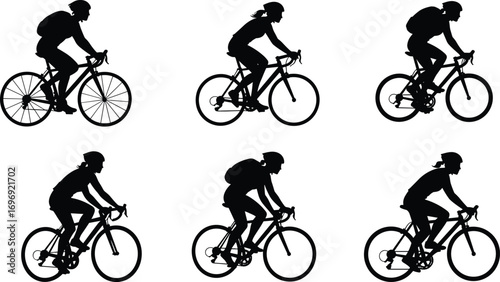 Silhouette Vector of Cyclists Riding Bicycles, Men and Women Bike Riders with Helmets and Backpacks, Isolated on White Background