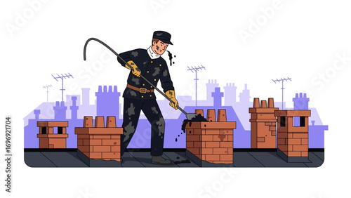 Chimney Sweep at Work: A chimney sweep in traditional attire, diligently cleans soot from a chimney, standing atop a rooftop. The image evokes a sense of old-world craftsmanship and essential service.
