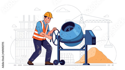 Construction worker operating cement mixer: A determined construction worker, wearing a safety vest and helmet, diligently operates a cement mixer on a construction site.