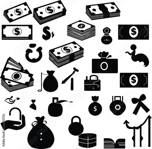 Money and Credit Card Icon Set on Solid White Background