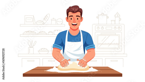 Crafting the Perfect Loaf: A skilled baker, radiating joy, kneads dough with practiced hands on a wooden table in a cozy, sunlit kitchen.