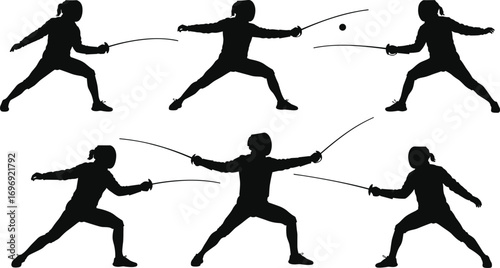 Silhouette Vector of Fencers in Action Poses with Swords, Practicing Martial Art, Combat Sport Training, Isolated on White Background