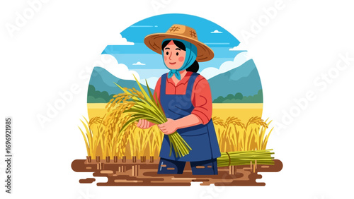 Harvest Bounty: A skilled female farmer, standing amid a golden field, harvests ripe rice, embodying the essence of agricultural productivity and the connection to the earth.