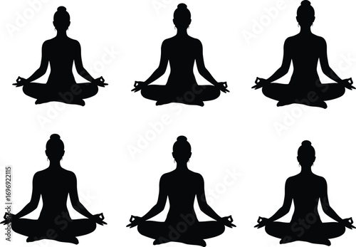 Silhouette Vector of Women in Lotus Yoga Pose Practicing Meditation and Mindfulness for Wellness, Peace, Relaxation, and Spiritual Balance