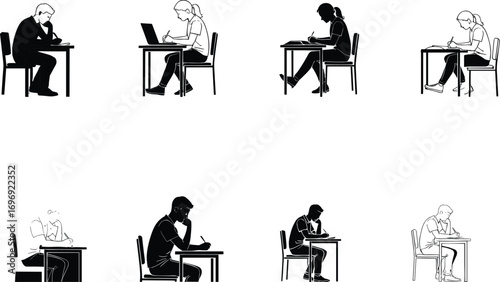 Silhouettes and line art of students sitting at desks writing or studying during exams, school lessons, or college tests.