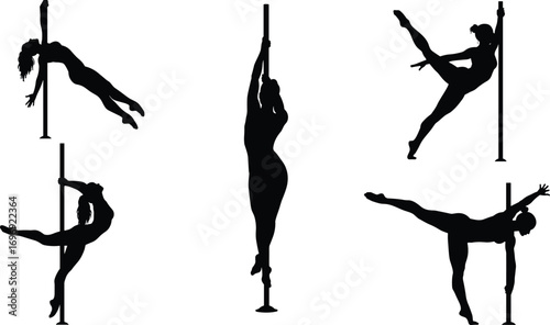 Silhouette Vector of Women Performing Elegant Pole Dance Moves and Fitness Acrobatics, Isolated on White Background for Sport and Art Design