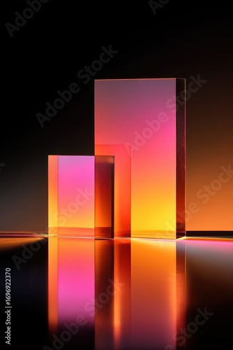Geometric shapes with vibrant colors and reflections.