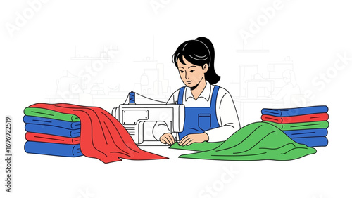 Laundry Day: A woman working in a Laundry with colorful clothes and a folding machine. The laundry day features the importance of the everyday chore.