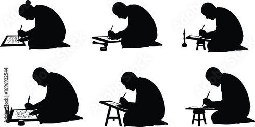 Silhouettes of artists sitting and writing calligraphy by hand with brush on paper, perfect for cultural and creative vector projects.