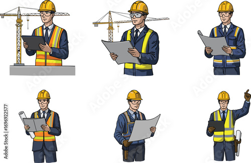 Construction engineer illustration with safety helmet, reflective vest, blueprint, and site supervision showing teamwork, planning, inspection, and building development