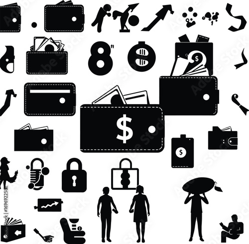 Money and Credit Card Icon Set on Solid White Background