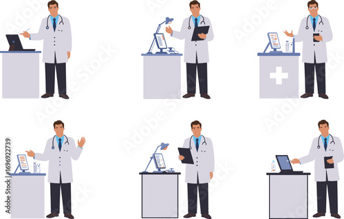 Doctor with stethoscope working in hospital, medical consultation, patient treatment, healthcare professional using laptop, reports, diagnosis, and clinical management illustration design