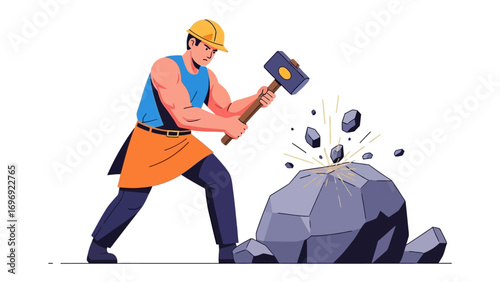The Architect of Endeavor: A determined craftsman, helmet firmly in place, delivers a decisive blow with his hammer.