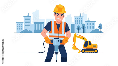 Construction Worker: A determined construction worker diligently operates heavy machinery on a construction site. With focus, precision and a steely resolve to complete the task.