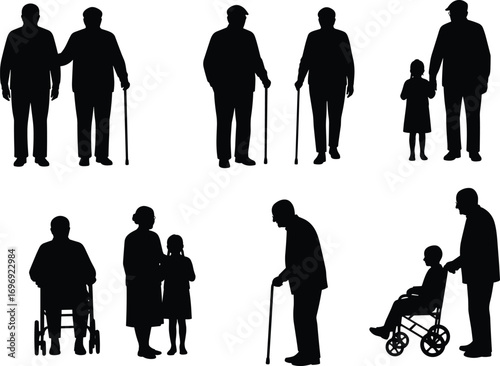 Silhouettes of elderly people with grandchildren, using canes and wheelchairs, showing family care, support, love, and intergenerational bonding concept