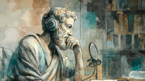 Atmospheric watercolor scene of a contemplative classical philosopher wearing headphones in front of a studio microphone and pop filter.