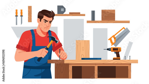 Craftsman at Work: This digital illustration depicts a skilled craftsman focused on their woodworking, wielding a hammer with precision amid their workshop tools.