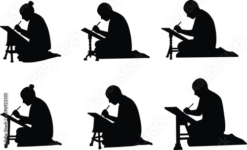 Silhouettes of traditional artist kneeling and writing calligraphy with brush on wooden desk, perfect vector for cultural and artistic concepts.