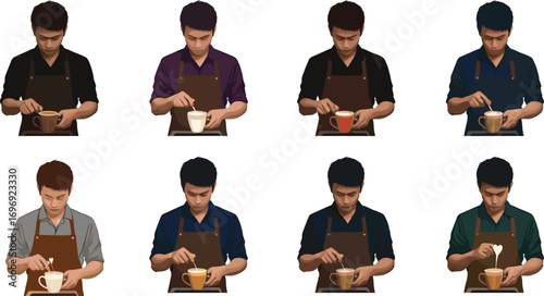 Vector illustration of barista making coffee art, preparing latte, serving hot drinks, professional cafe worker, espresso brewing, barista lifestyle