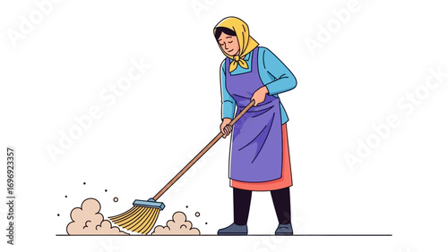 Busy worker: A woman in a bright scene diligently sweeps, her focus on the task and her environment. The image captures her action and portrays a simple, focused scene.