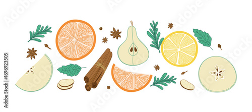 Set of ingredients for making mulled wine. Spices and fruits. Culinary recipe hot warming drink with fruits, spices, wine. Vector flat color illustration on white isolated background.