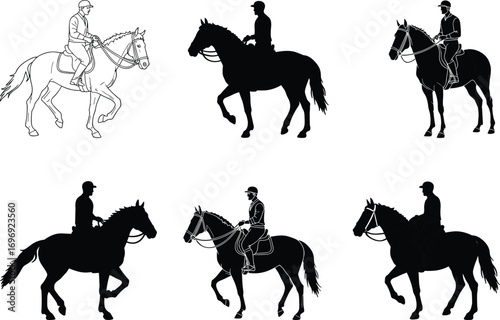 Vector illustration of male riders on horses in black and white silhouette and line art style for equestrian design