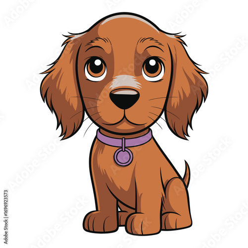 Endearing cartoon puppy with brown fur, wearing a collar with a tag, a heartwarming illustration for various creative applications