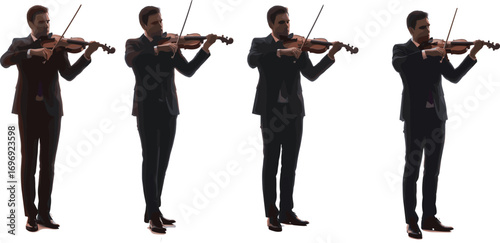 Vector illustration of male musicians playing violin in formal suit, classical music performance, orchestra concert, symphony art, instrumental presentation.