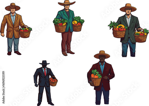 Vector illustration of farmers holding baskets with vegetables and fruits, agriculture market, organic harvest, rural lifestyle, healthy food concept