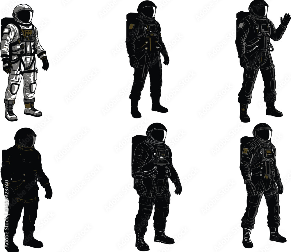 Fototapeta premium Vector illustration of astronauts wearing space suits with helmets and backpacks standing in different poses isolated on white background.