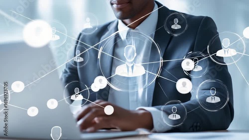 Connecting professionals in a digital network through a laptop in a modern office space during work hours