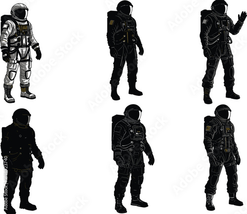 Vector illustration of astronauts wearing space suits with helmets and backpacks standing in different poses isolated on white background.