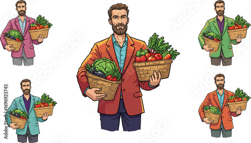 Vector illustration of man holding baskets filled with vegetables and fruits, organic harvest, healthy food, agriculture market, farming lifestyle concept