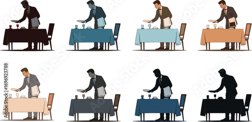 Waiter serving table vector illustration, professional restaurant staff in uniform, hospitality service concept, fine dining, catering, food and beverage industry