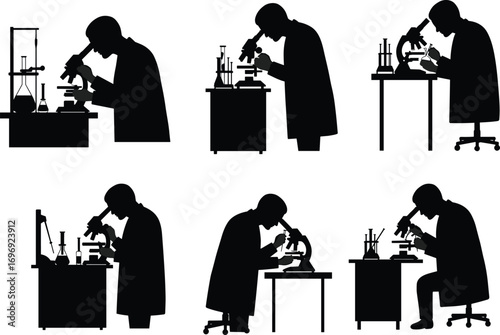 Vector illustration of scientists examining samples using microscopes in laboratory settings with test tubes and chemical glassware equipment.