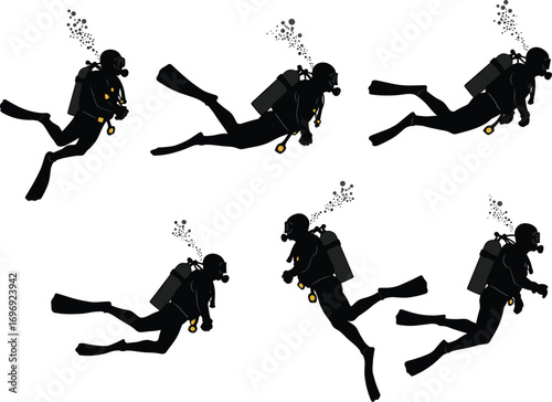 Vector illustration of scuba divers underwater swimming with diving gear and oxygen tanks in various poses isolated on white background.