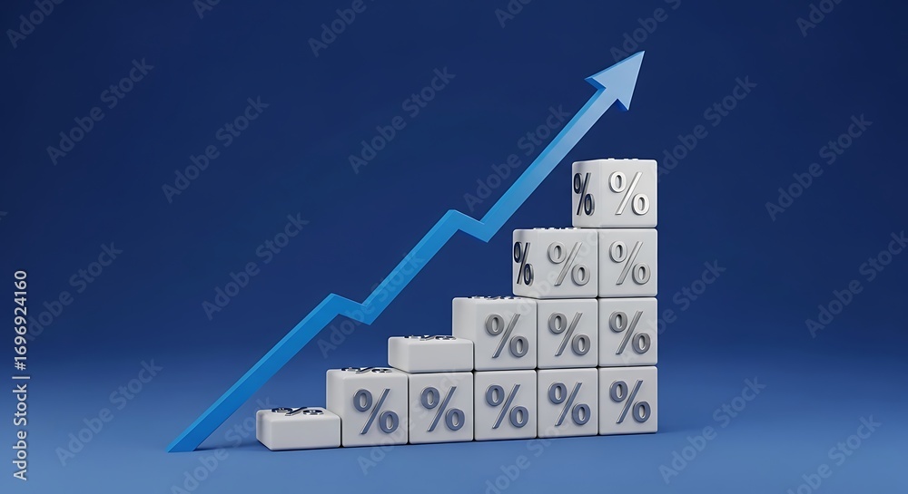 Fototapeta premium Growth chart with percentage blocks and upward arrow on blue background